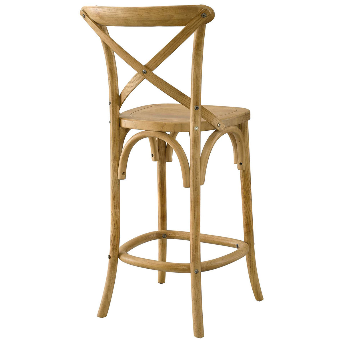 Sturdy elm counter stool showcasing the cross-back and arched leg supports || EEI-5562-NAT || back_angle_studio