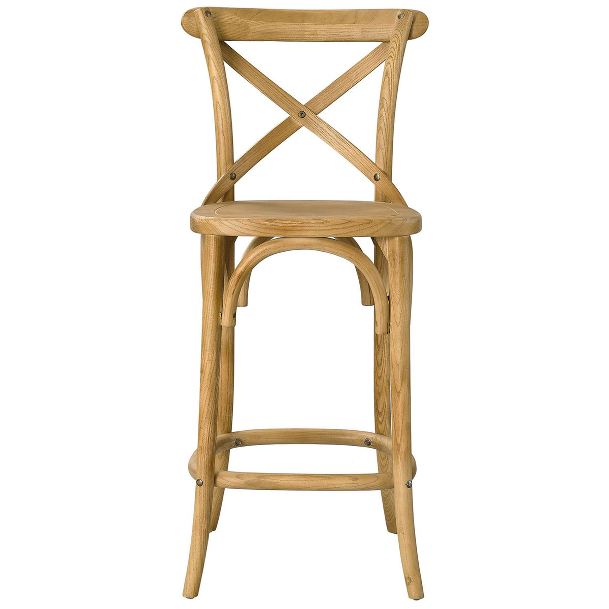 Natural elm counter stool with X-brace back and curved legs, finished in a warm natural grain || EEI-5562-NAT || front_studio