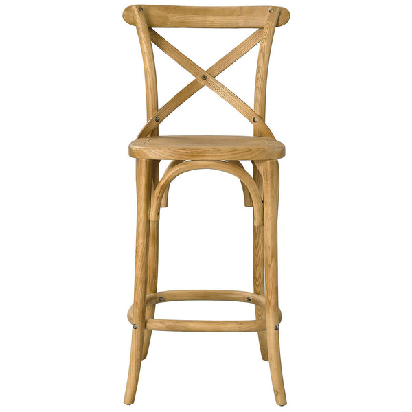 Natural elm counter stool with X-brace back and curved legs, finished in a warm natural grain || EEI-5562-NAT || front_studio