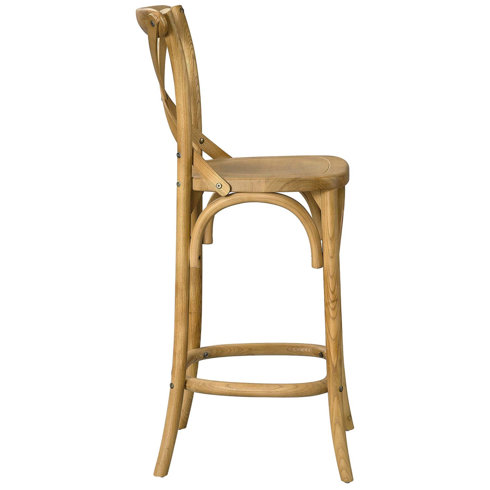Slim profile counter stool with contoured seat and rounded footrest in a natural wood finish || EEI-5562-NAT || side_studio