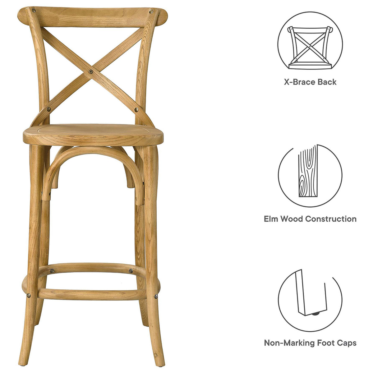 Key features: X-brace back, elm wood build, and non-marking foot caps || EEI-5562-NAT || callout_studio