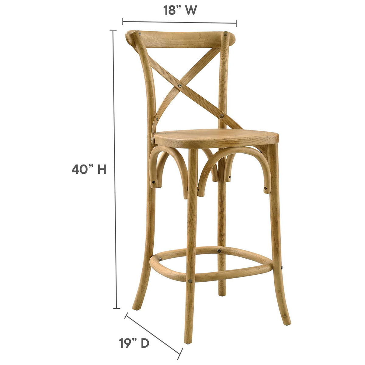 Dimensions for the counter stool with 18 in. width, 19 in. depth, and 40 in. height || EEI-5562-NAT || dimension_studio