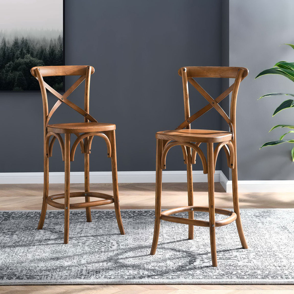 A stylish pair brings cohesive farmhouse charm with matching X-backs and graceful arches || EEI-5562-WAL || front_angle_room