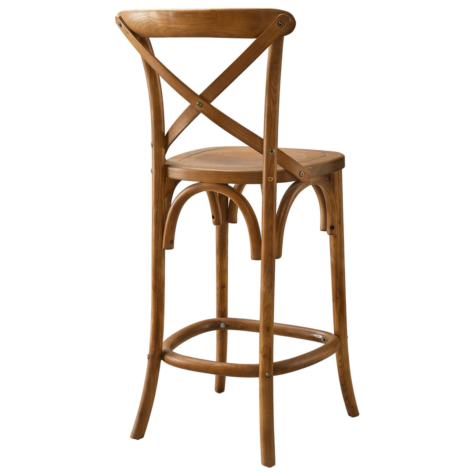 Cross-back design and wrapped top rail highlight vintage-inspired craftsmanship in solid elm wood || EEI-5562-WAL || back_angle_studio