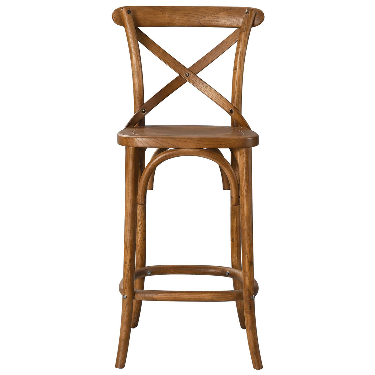 Walnut-finished elm counter stool with x-brace back and arched supports for timeless farmhouse charm || EEI-5562-WAL || front_studio