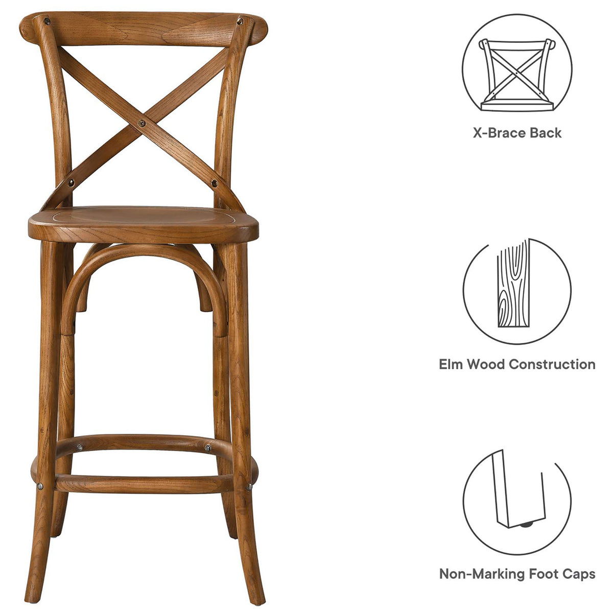 Feature highlights for the counter stool including X-brace back, elm wood build, and protective foot caps || EEI-5562-WAL || callout_studio