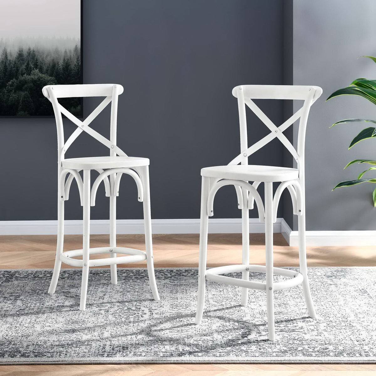 Classic X-back counter stool elevates casual dining with a crisp white finish and arched leg detailing || EEI-5562-WHI || front_angle_room