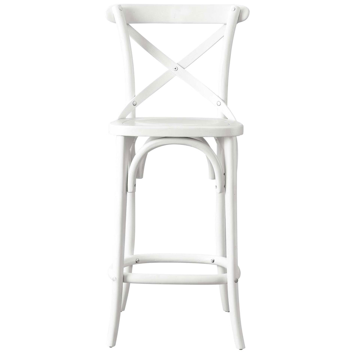 White farmhouse counter stool with X-brace back, curved stretchers, and a supportive contoured seat || EEI-5562-WHI || front_studio