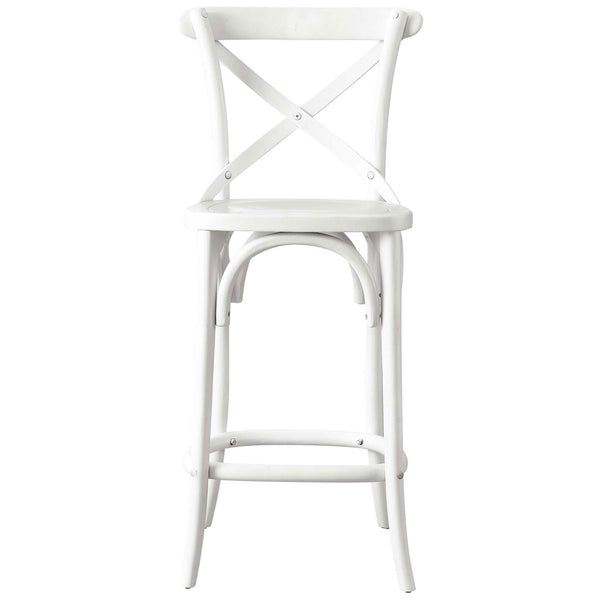 White farmhouse counter stool with X-brace back, curved stretchers, and a supportive contoured seat || EEI-5562-WHI || front_studio