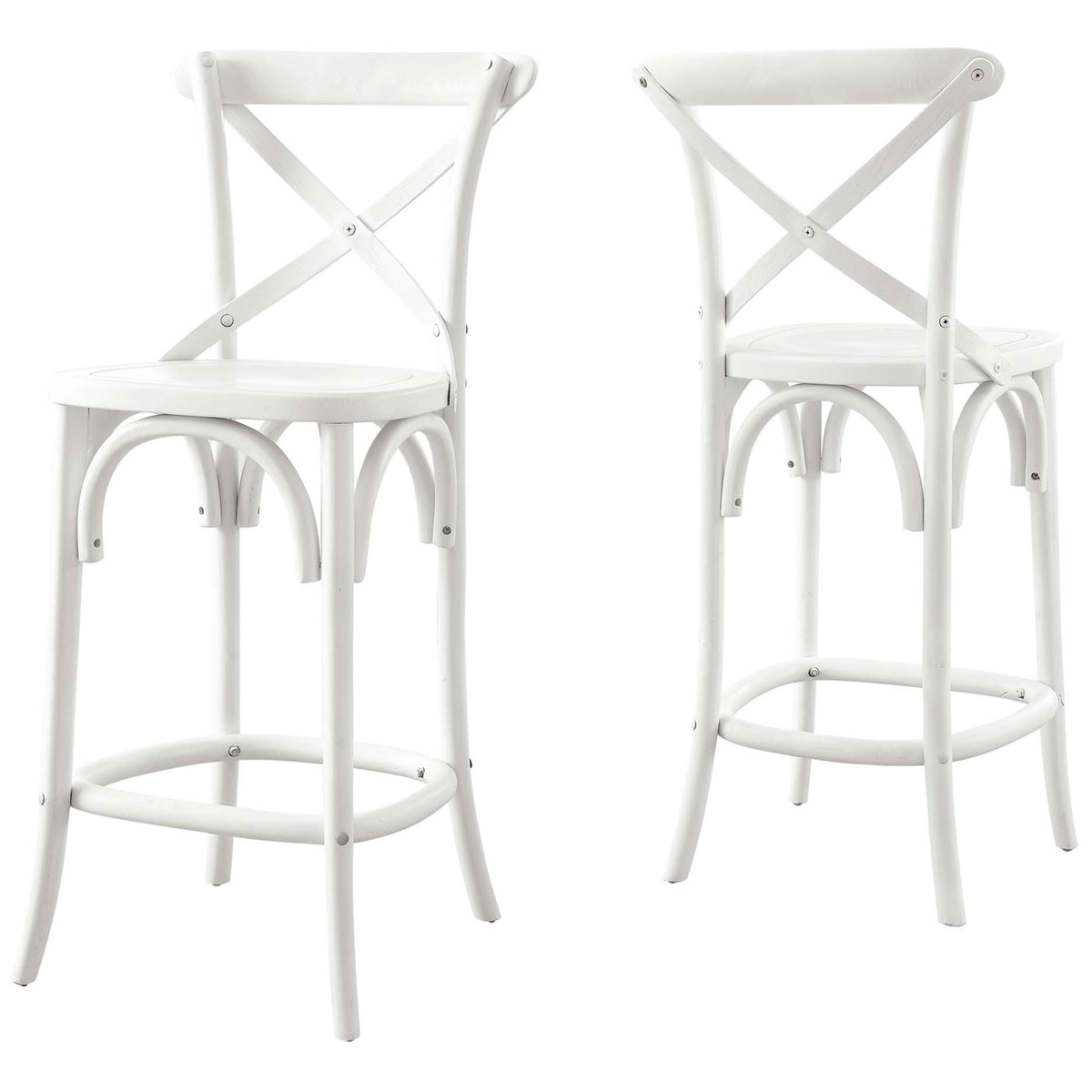 Versatile white counter stool featuring arched leg braces and a smooth, durable painted finish || EEI-5562-WHI || front_angle_studio