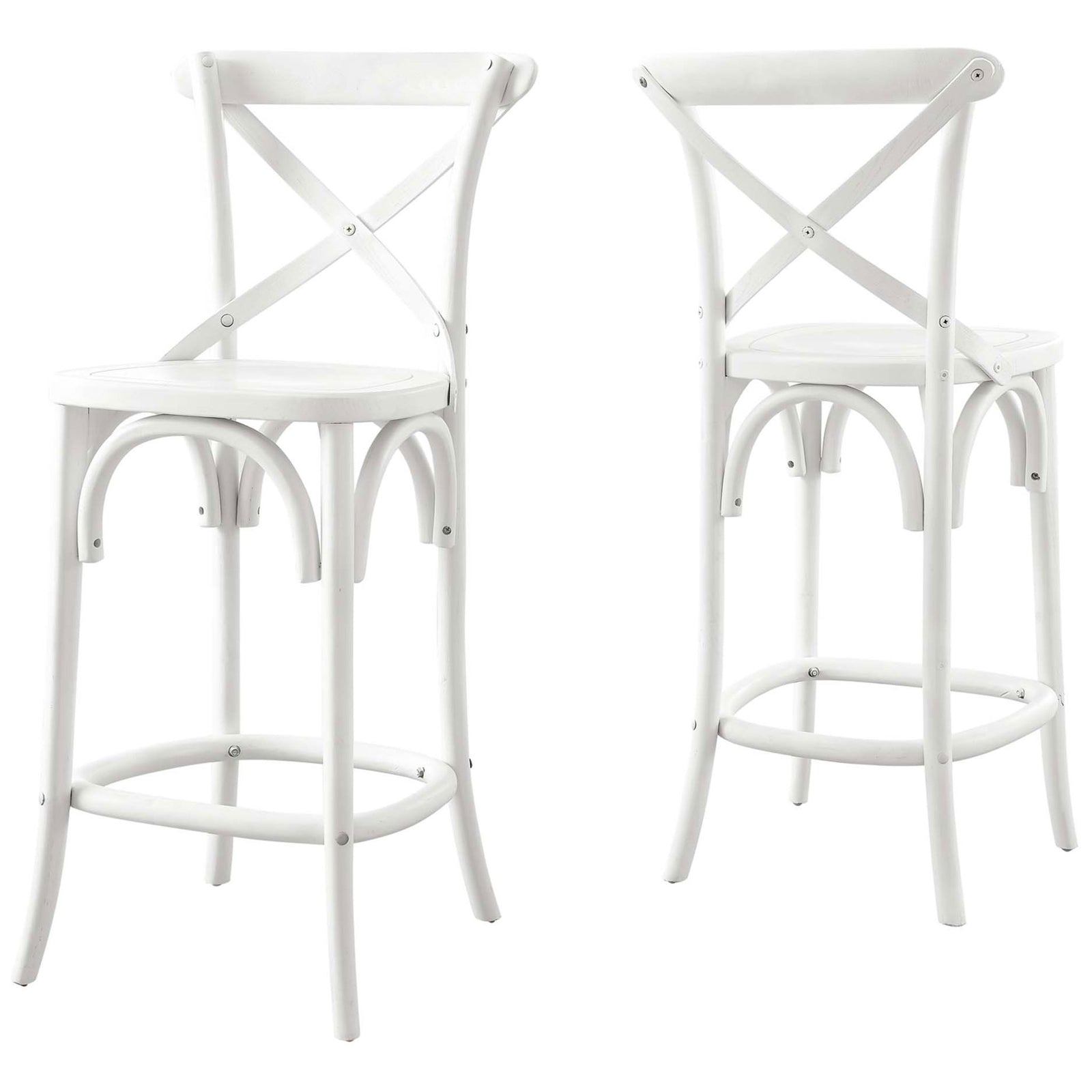 Versatile white counter stool featuring arched leg braces and a smooth, durable painted finish || EEI-5562-WHI || front_angle_studio