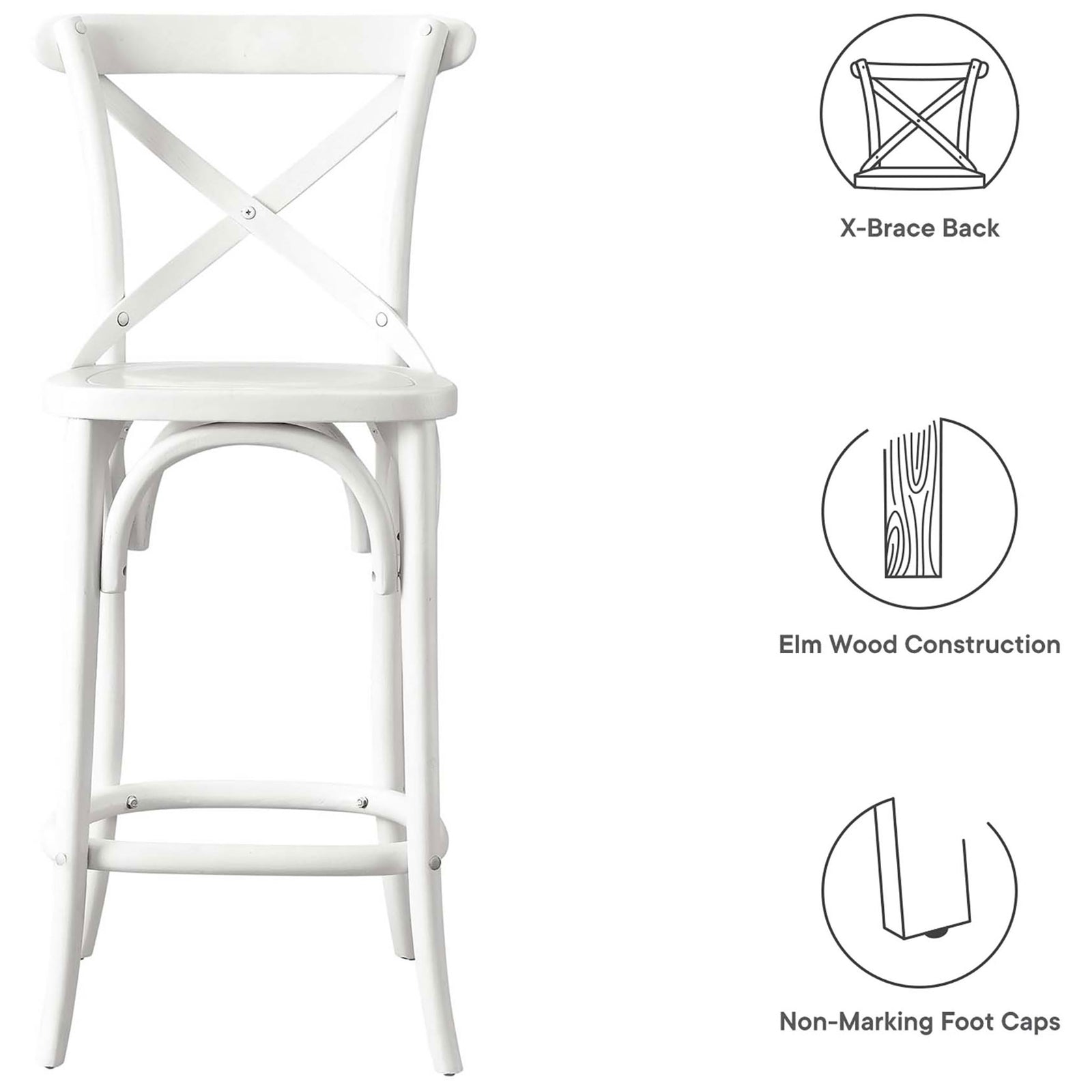 X-brace back, elm wood construction, and non-marking foot caps for everyday kitchen comfort || EEI-5562-WHI || callout_studio