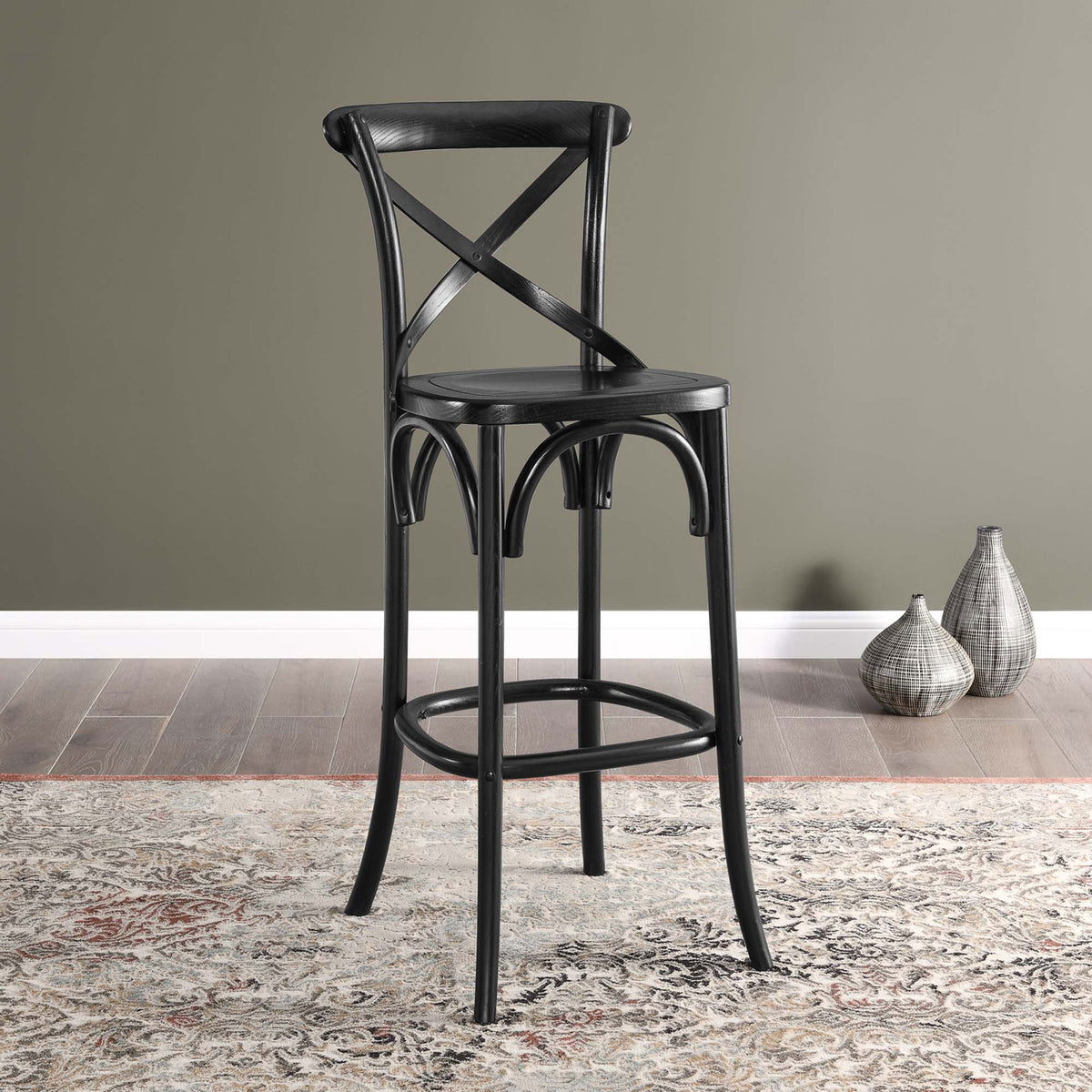 Bar-height profile with x-back support and curved footrest enhances everyday gathering || EEI-5563-BLK || front_angle_room