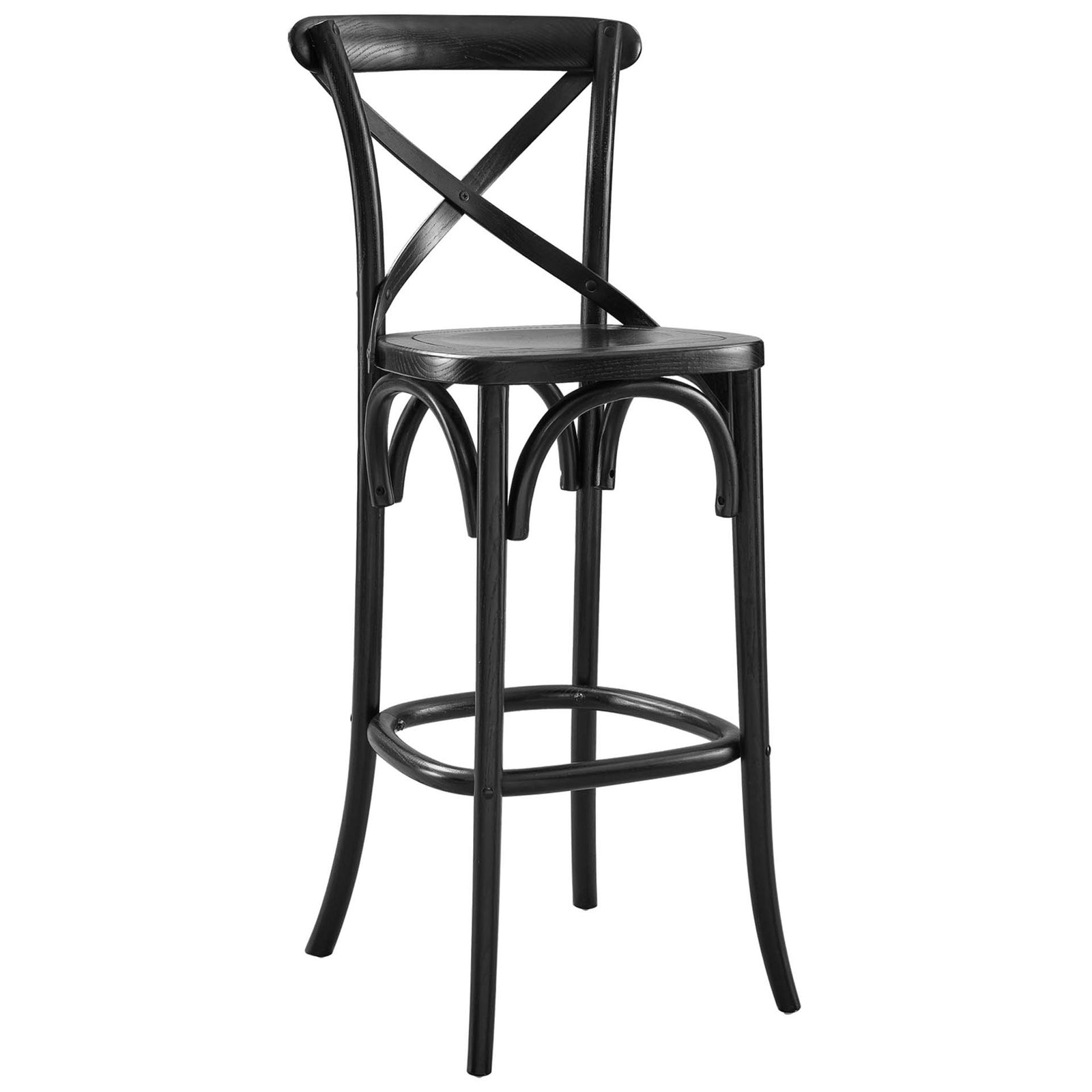 Bar stool with x-brace back, arched stretchers, and a contoured elm wood seat || EEI-5563-BLK || front_angle_studio
