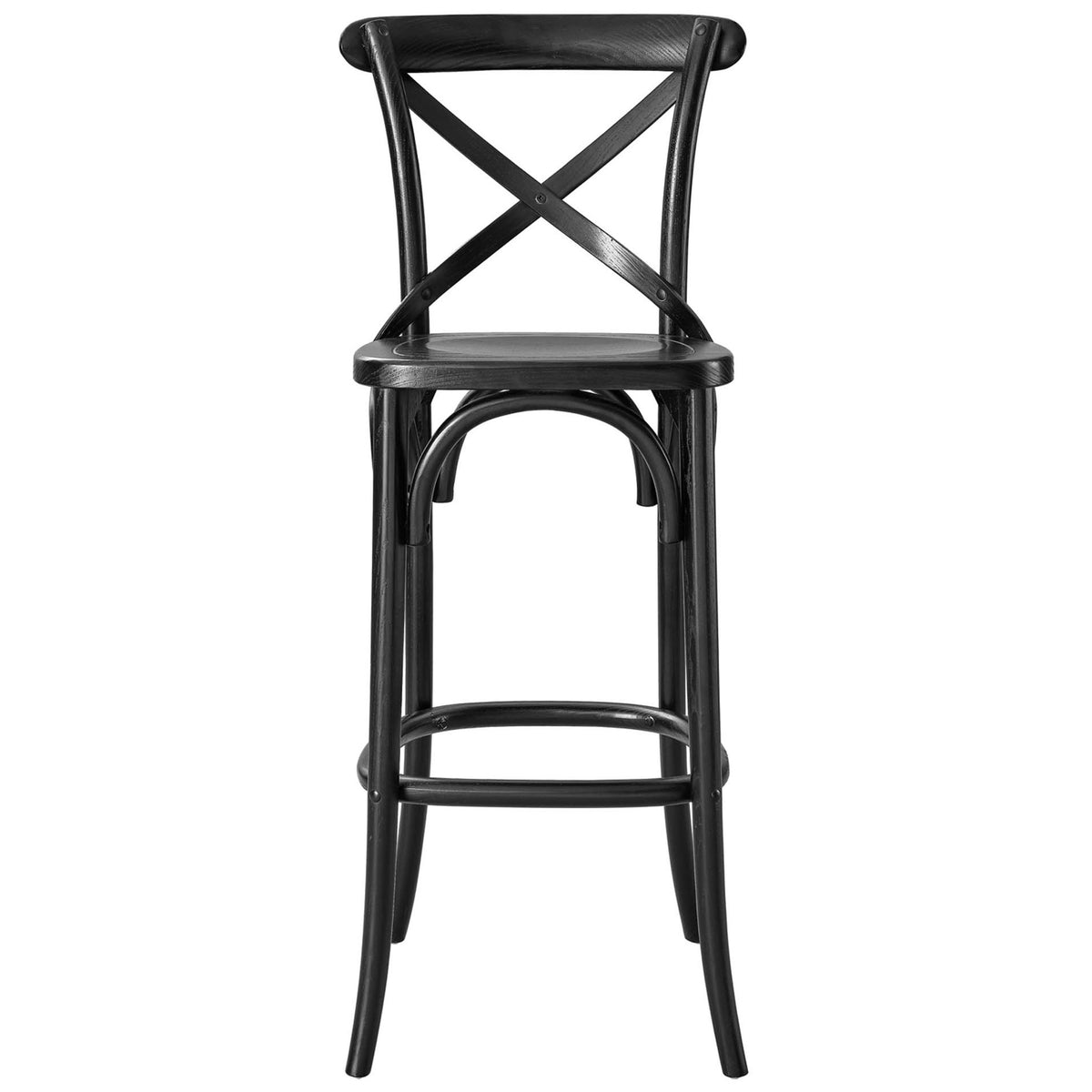 Classic farmhouse bar stool featuring a supportive x-back and integrated footrest || EEI-5563-BLK || front_studio