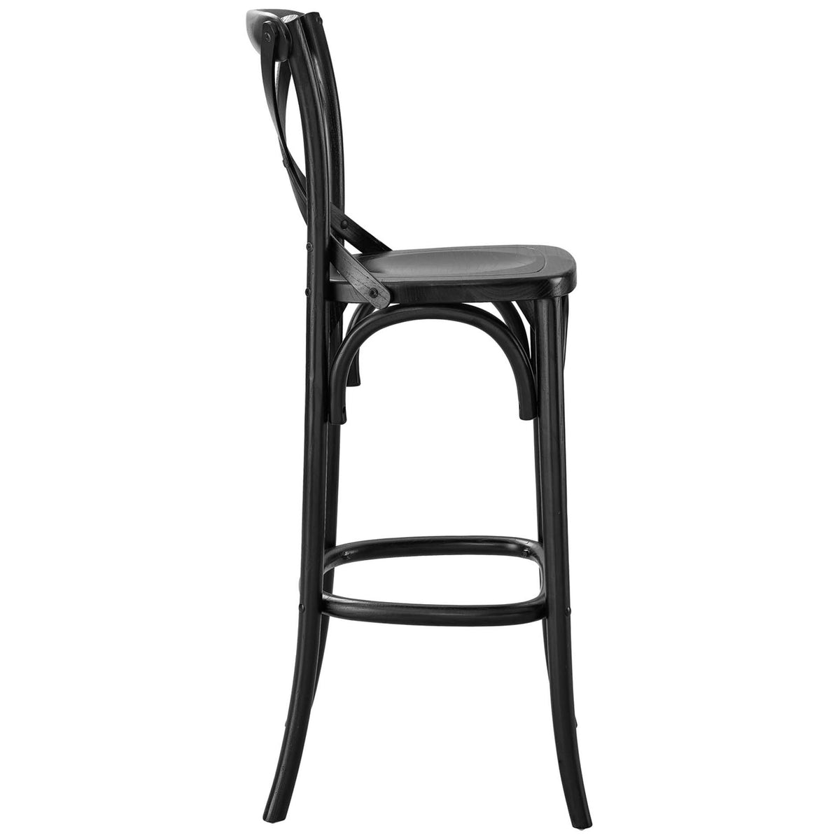 Streamlined frame with rounded stretchers and elevated seat for relaxed bar seating || EEI-5563-BLK || side_studio