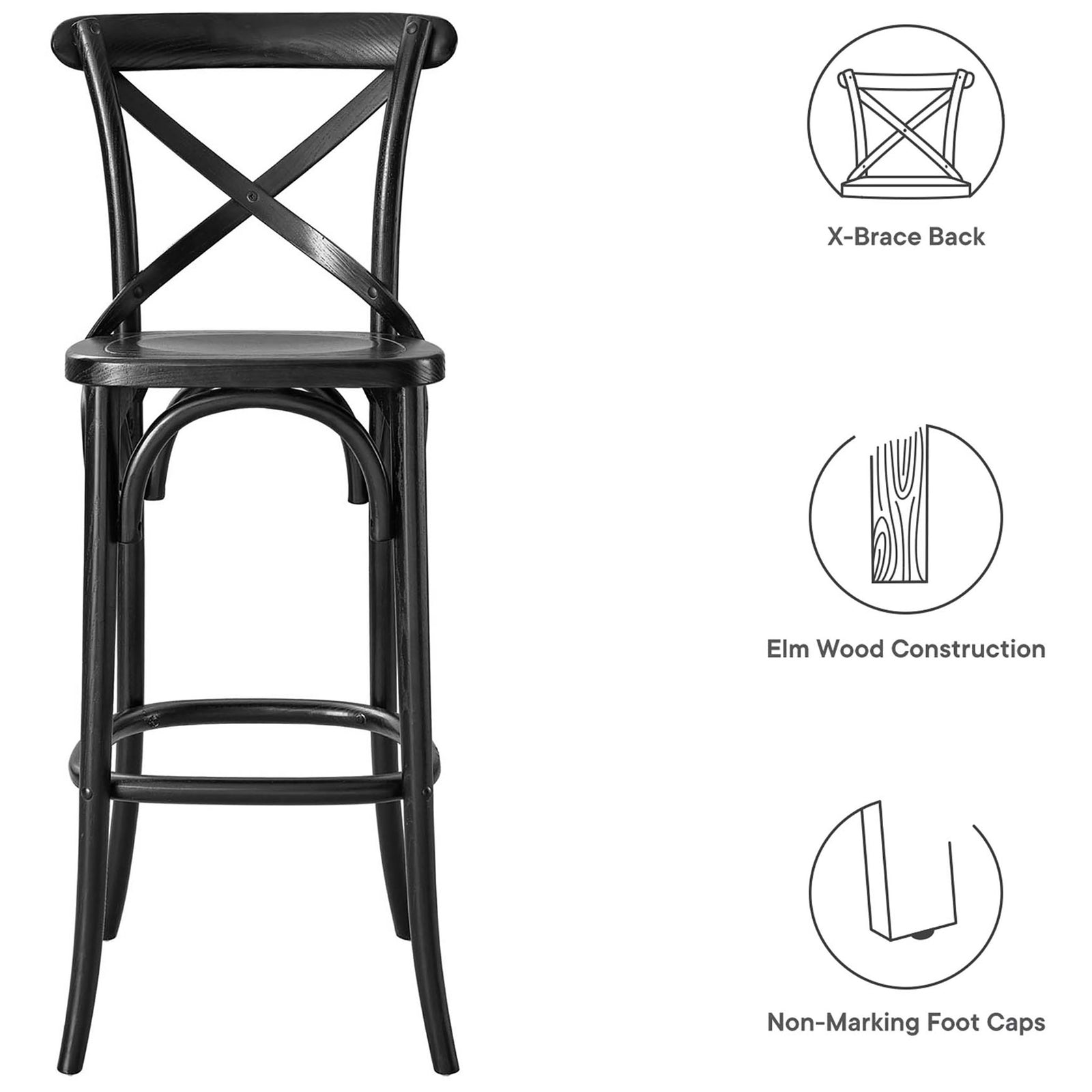 Feature highlights: x-brace back, elm wood build, and non-marking foot caps || EEI-5563-BLK || callout_studio