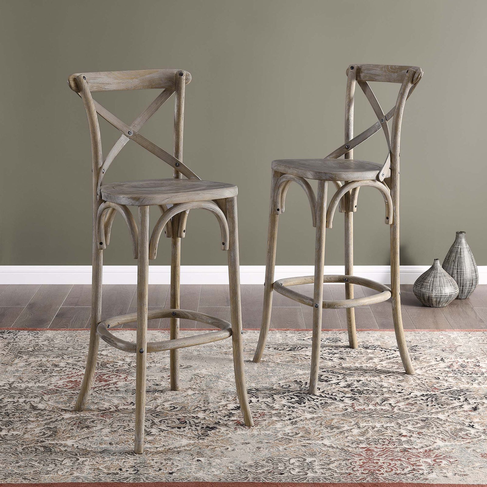 Rustic bar stools bring easygoing character to dining nooks and home bars. || EEI-5563-GRY || front_angle_room
