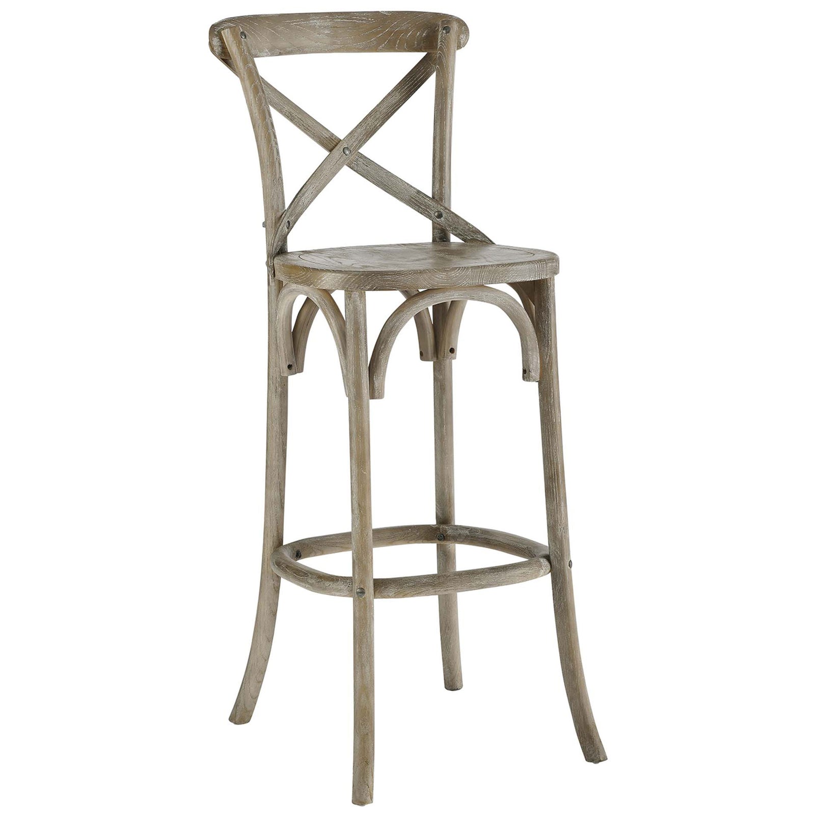 Farmhouse bar stool featuring a contoured wood seat and elegant arched under-seat braces. || EEI-5563-GRY || front_angle_studio