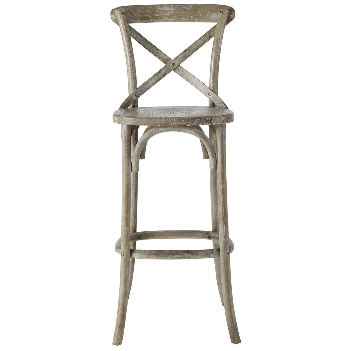 Bar stool in weathered gray elm with signature X-brace back and supportive footrest ring. || EEI-5563-GRY || front_studio