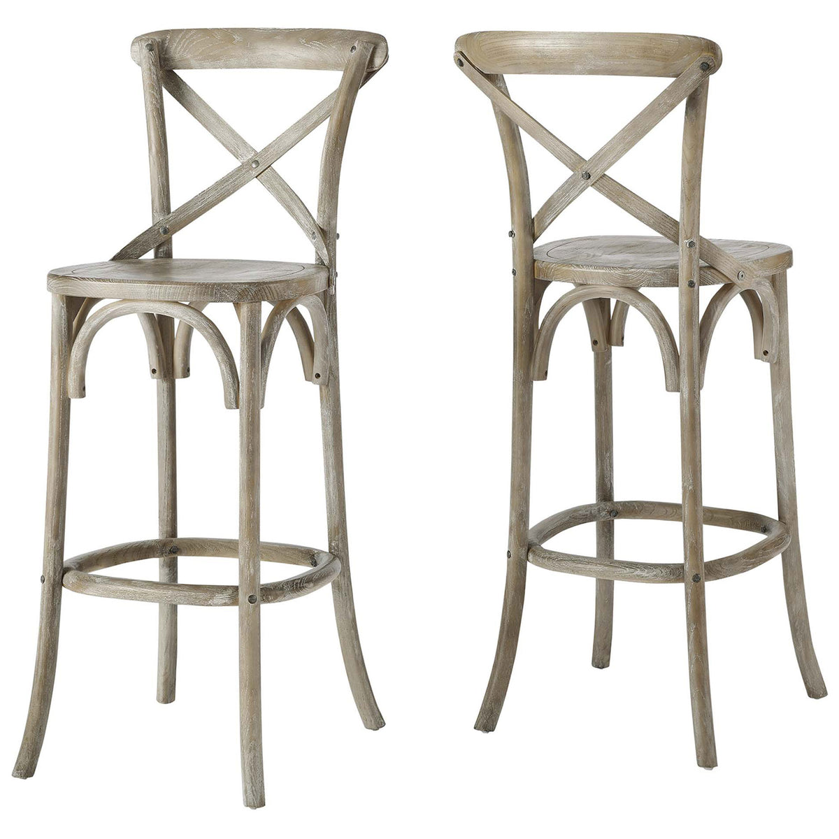 Paired gray elm bar stools add rustic texture to your bar area. || EEI-5563-GRY || front_angle_multi_studio