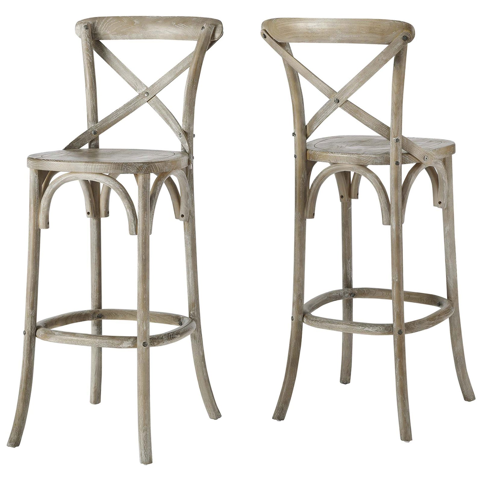 Paired gray elm bar stools add rustic texture to your bar area. || EEI-5563-GRY || front_angle_multi_studio