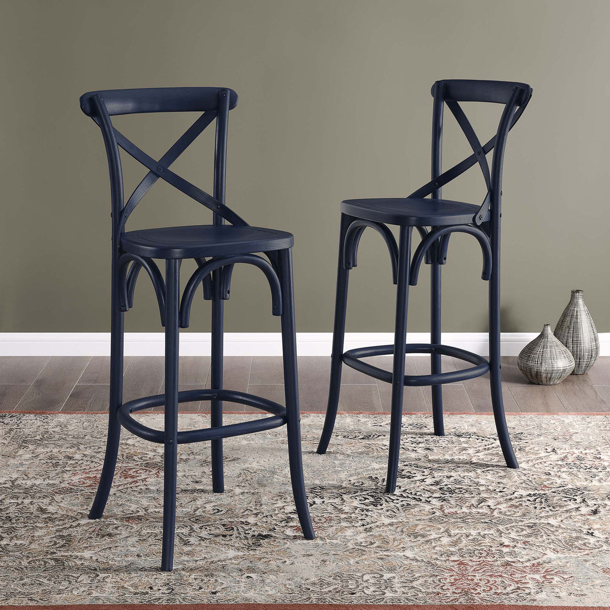 Create a coordinated bar setup with two midnight blue stools and graceful arched details. || EEI-5563-MID || front_angle_room