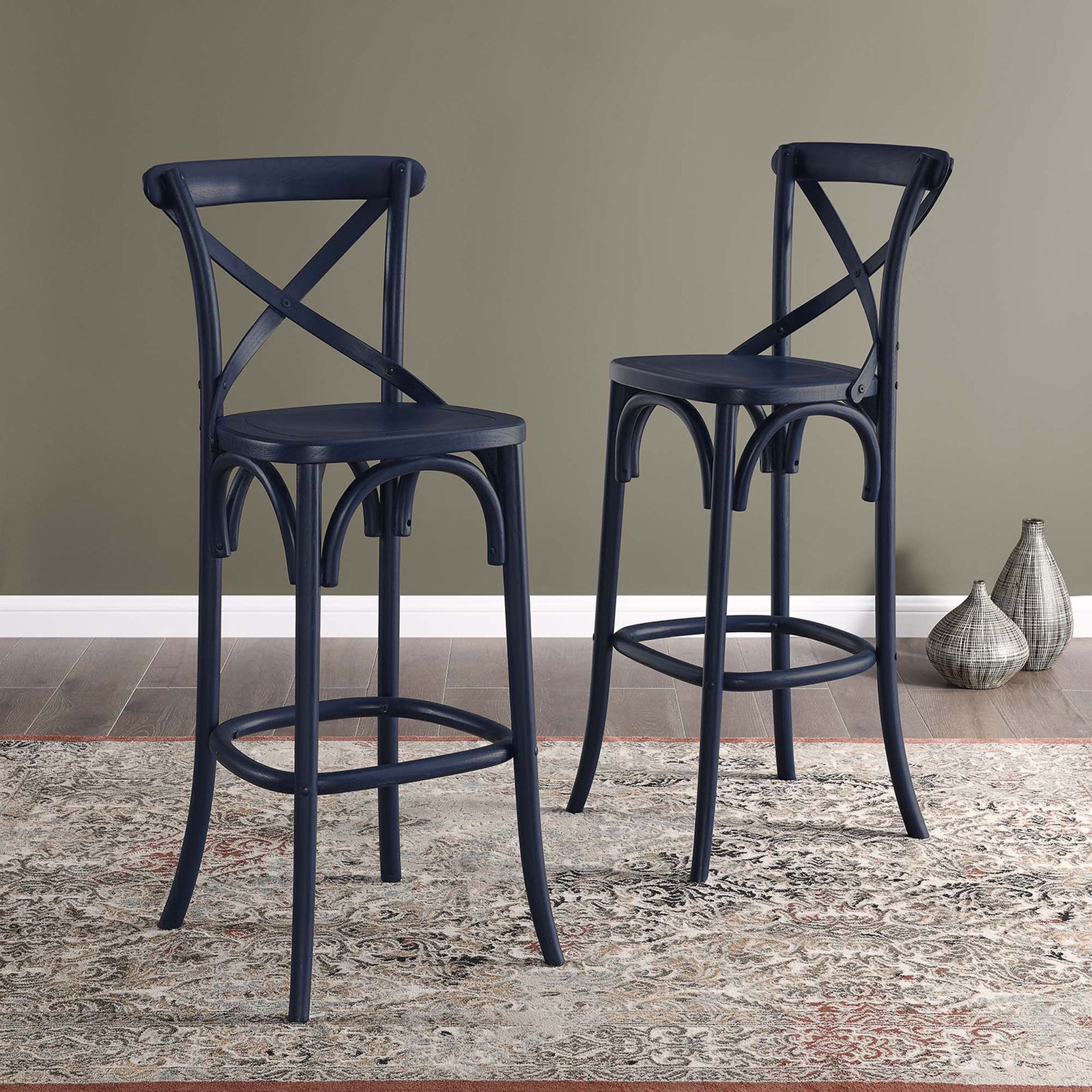 Create a coordinated bar setup with two midnight blue stools and graceful arched details. || EEI-5563-MID || front_angle_room