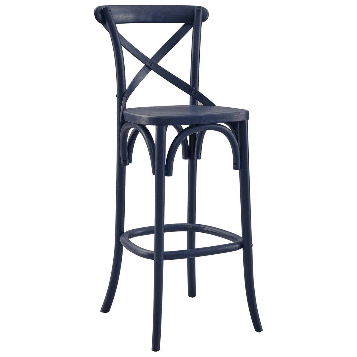 Farmhouse bar stool in elm wood, finished in midnight blue with cross back and curved stretchers. || EEI-5563-MID || front_angle_studio
