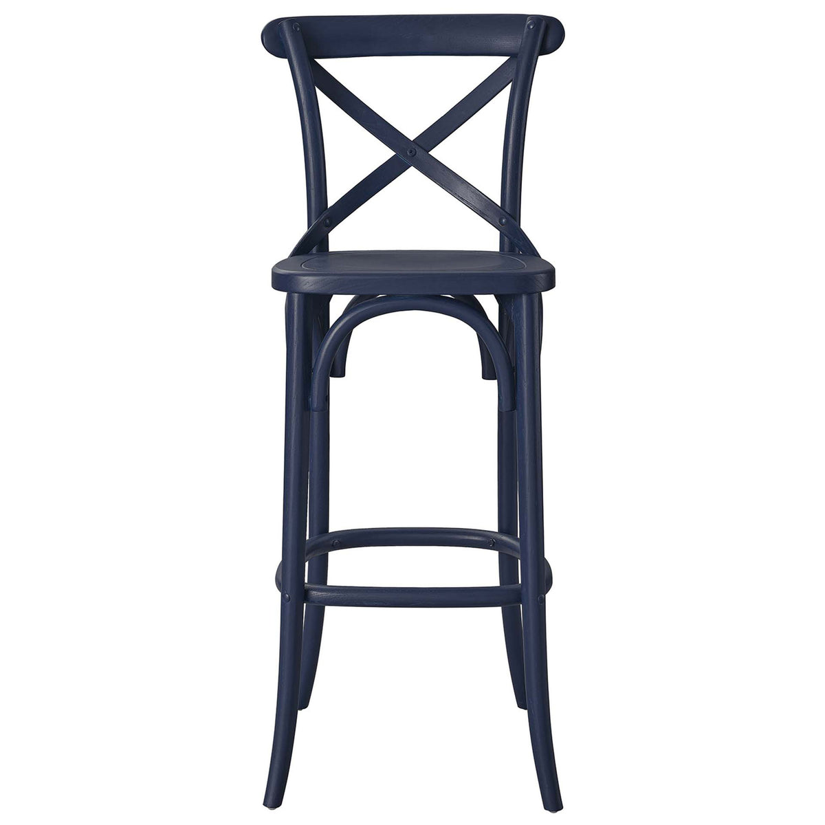 Midnight blue bar stool with X-brace back, arched supports, and a comfortable footrest. || EEI-5563-MID || front_studio
