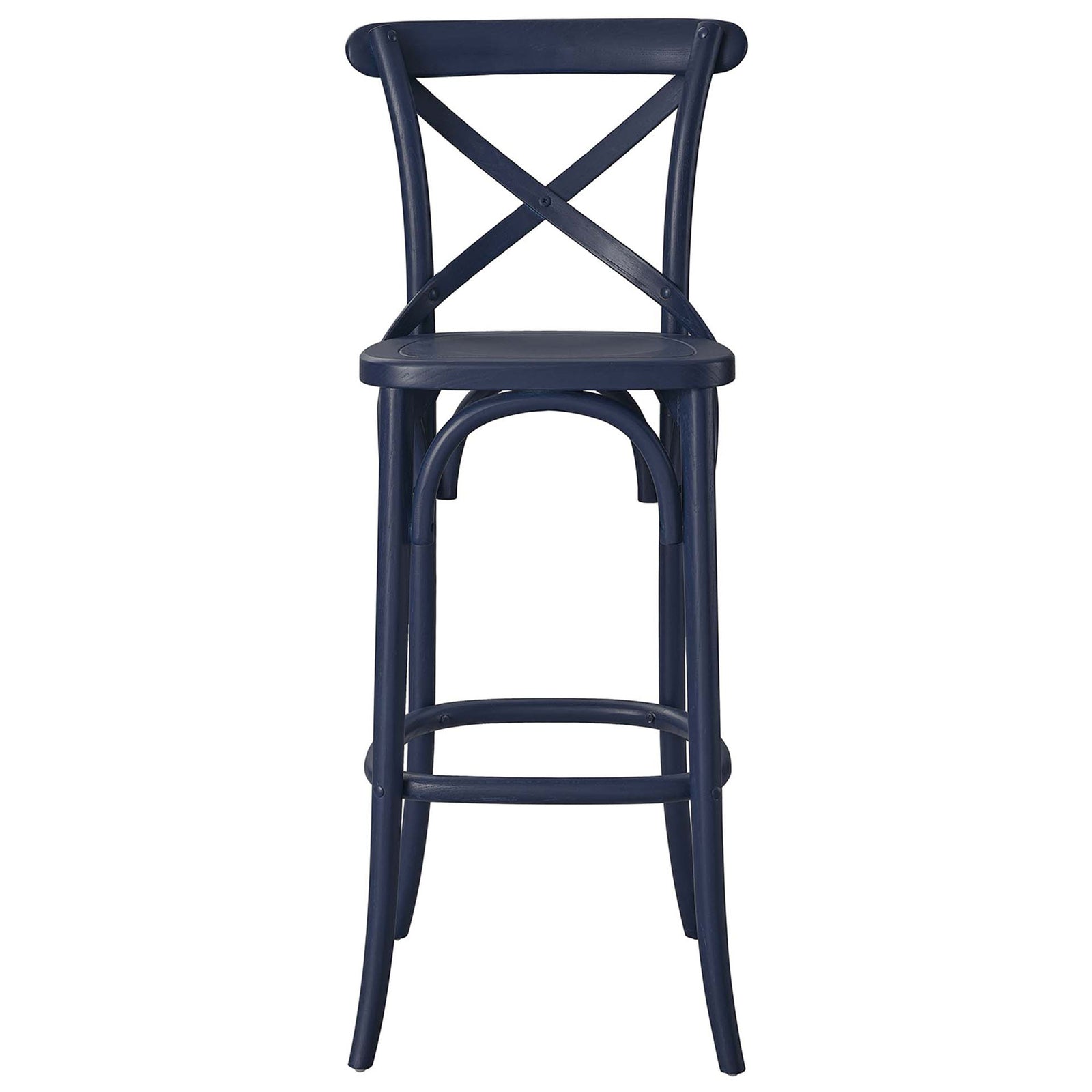 Midnight blue bar stool with X-brace back, arched supports, and a comfortable footrest. || EEI-5563-MID || front_studio