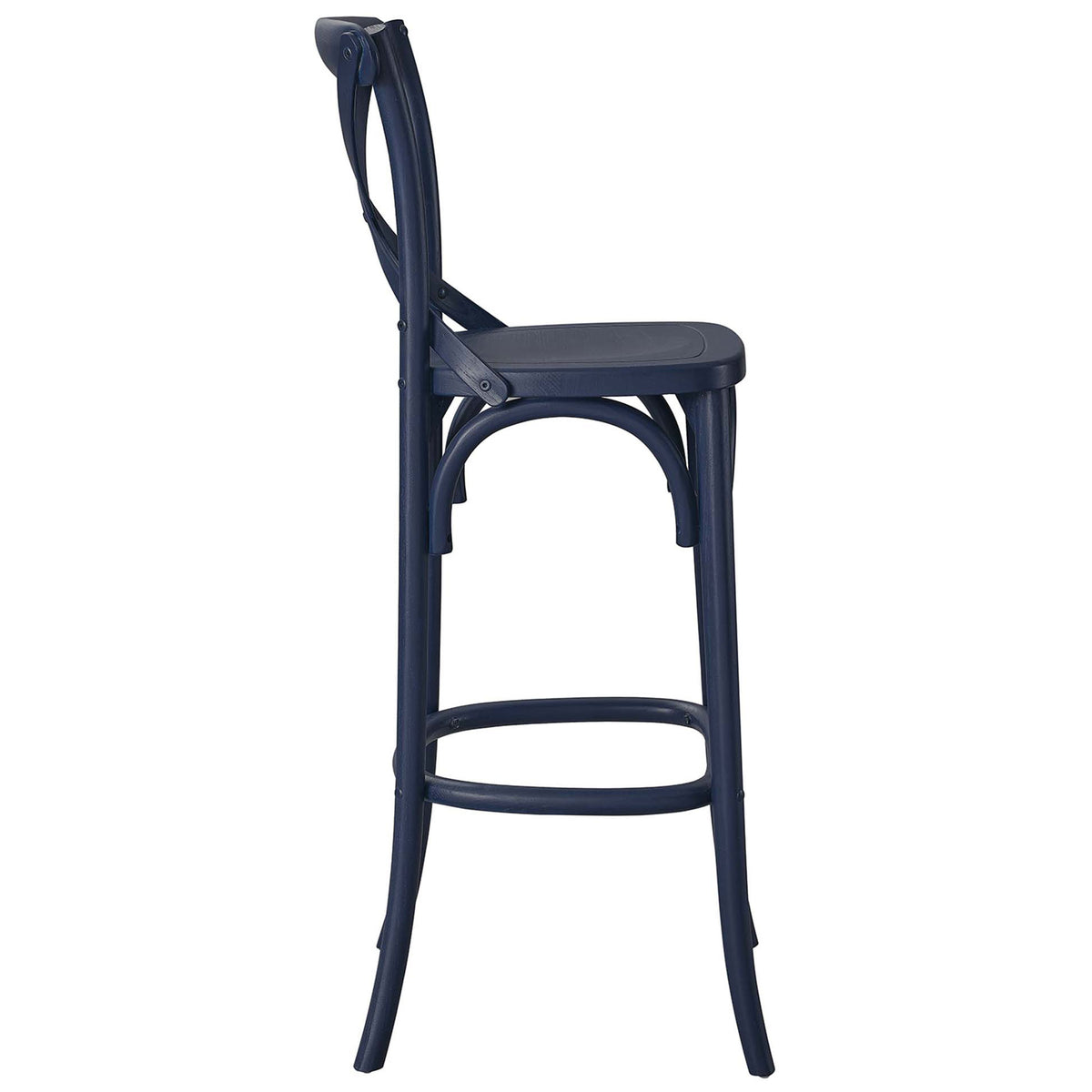 Streamlined design with contoured seat, oval footrest, and splayed legs in rich midnight blue. || EEI-5563-MID || side_studio