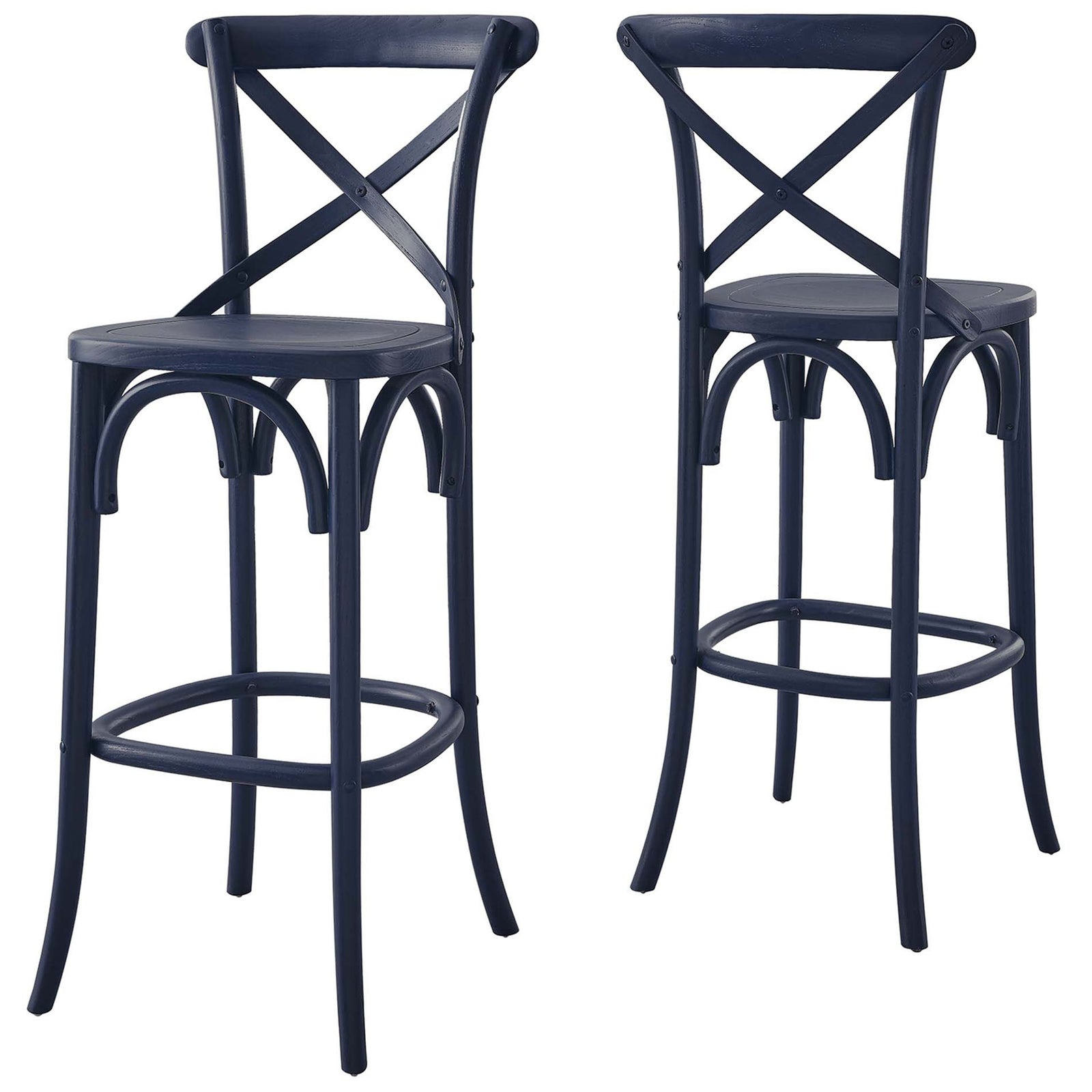 Set the bar with twin midnight blue stools featuring X-backs and flowing arched supports. || EEI-5563-MID || front_angle_studio