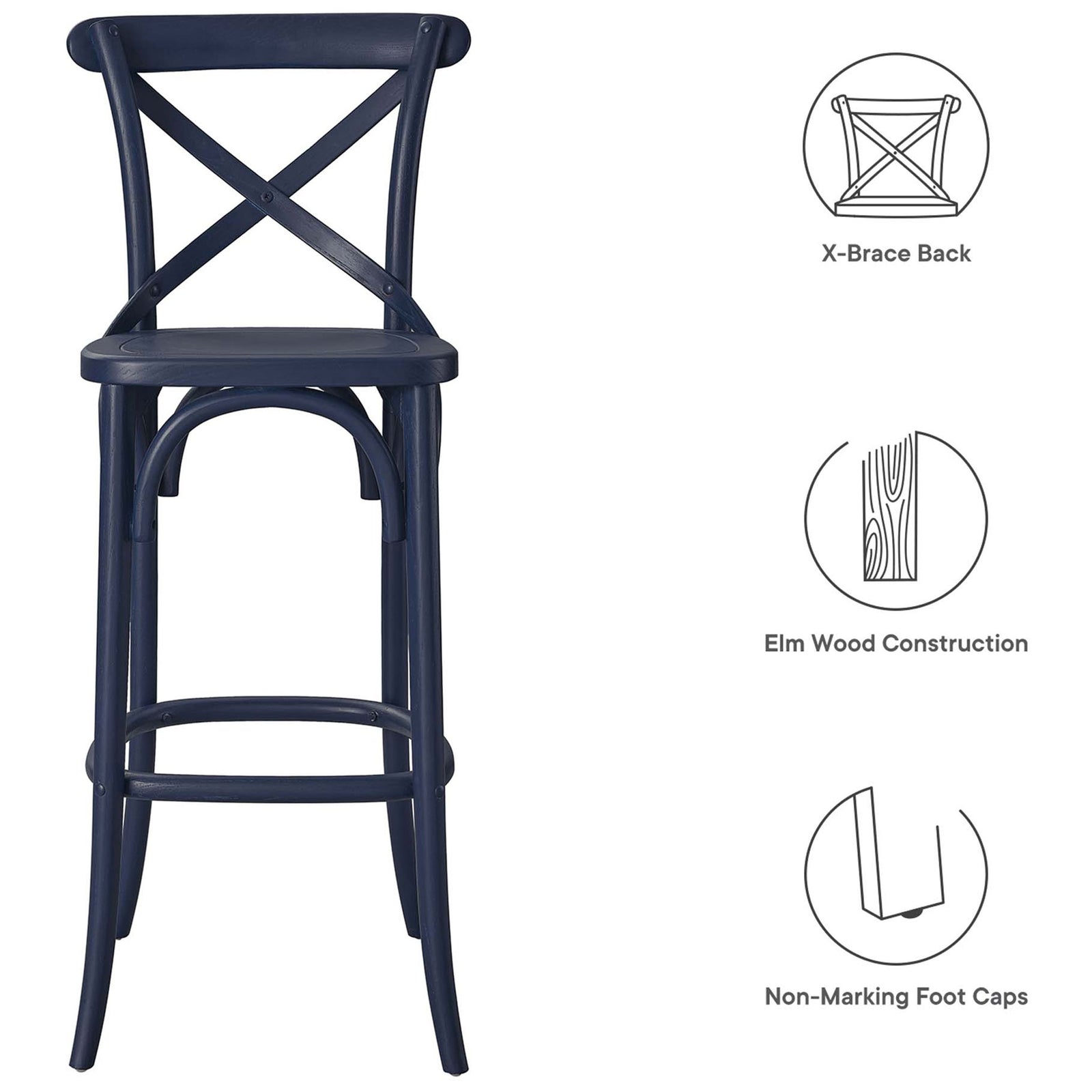 Elm wood bar stool with cross-back support and non-marking foot caps for floor protection. || EEI-5563-MID || callout_studio