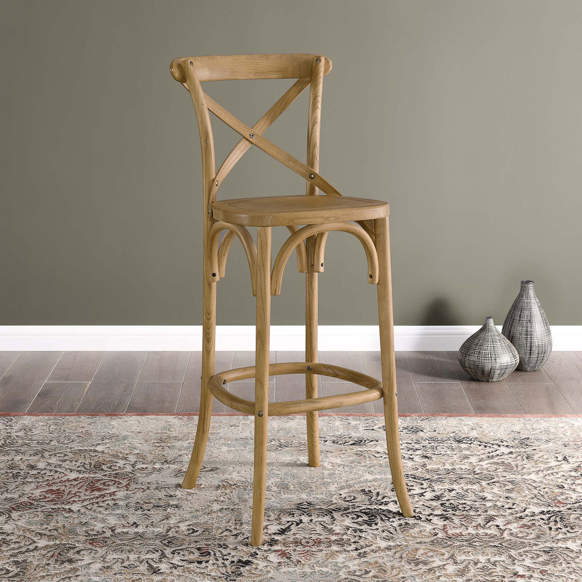 Natural wood bar stool adds rustic elegance to a contemporary dining area || EEI-5563-NAT || front_angle_room