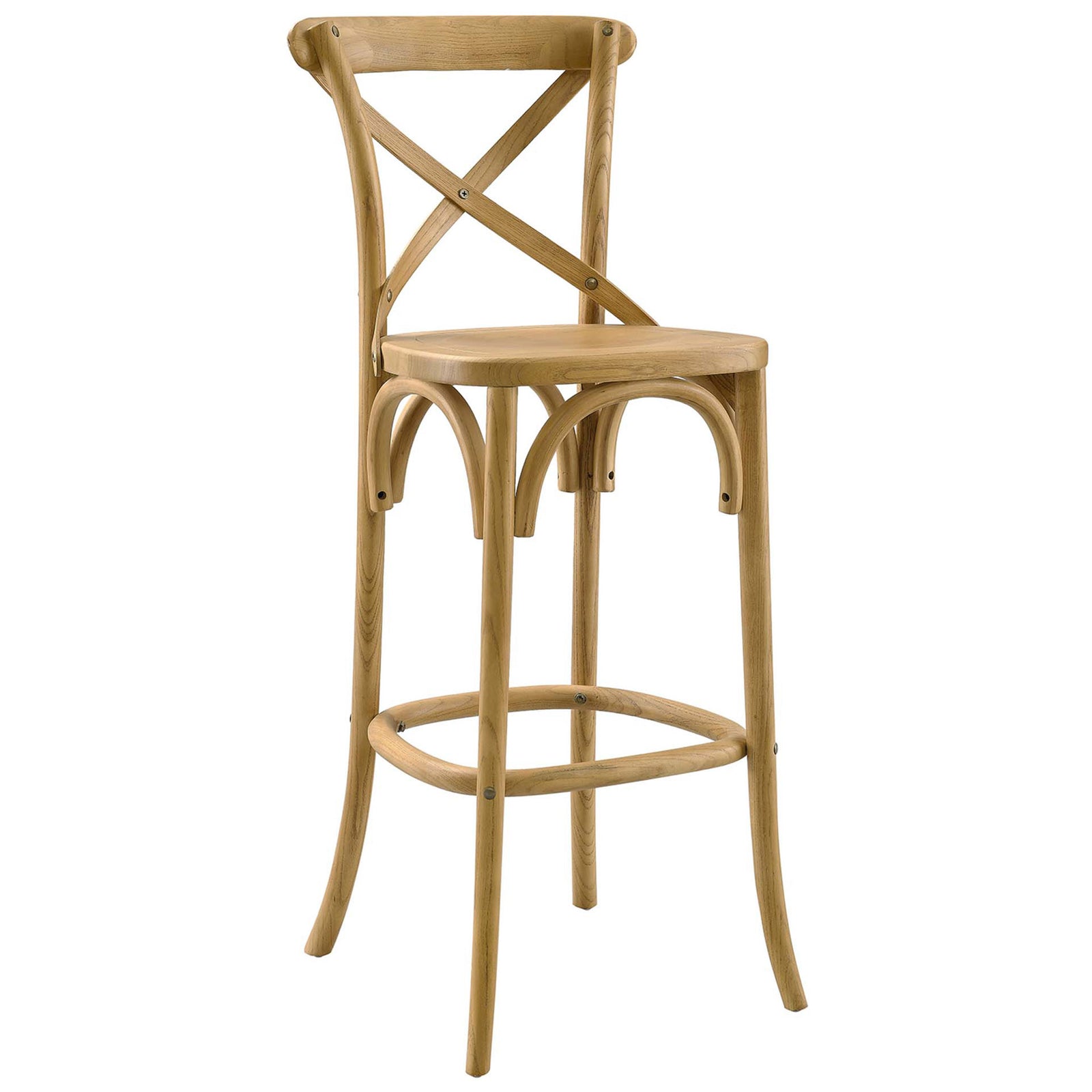 Farmhouse bar stool in natural elm featuring X-back design and arched supports || EEI-5563-NAT || front_angle_studio