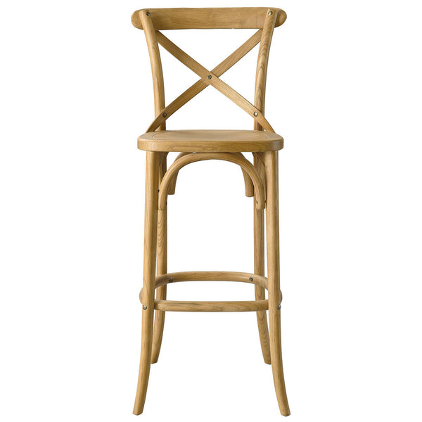 Natural elm bar stool with X-brace back and curved legs, built with a rounded footrest || EEI-5563-NAT || front_studio