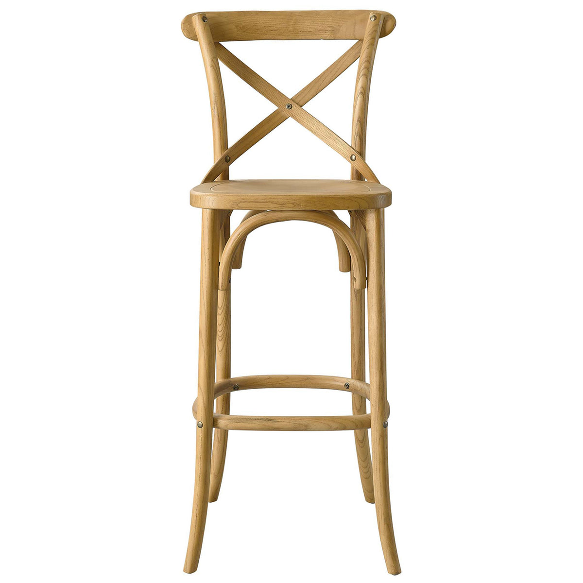 Natural elm bar stool with X-brace back and curved legs, built with a rounded footrest || EEI-5563-NAT || front_studio