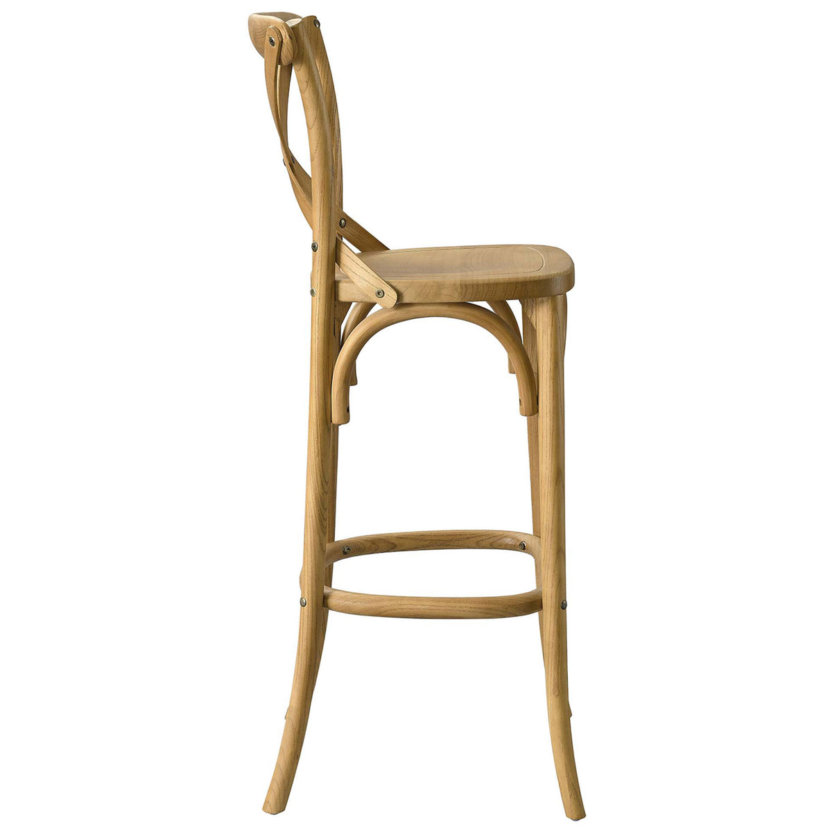 Slim profile bar stool with contoured seat and circular footrest in a natural finish || EEI-5563-NAT || side_studio