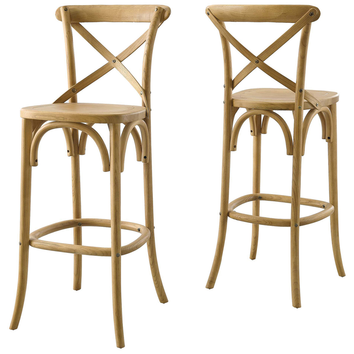 Pair of natural elm bar stools highlight the X-back and graceful curves || EEI-5563-NAT || front_angle_studio