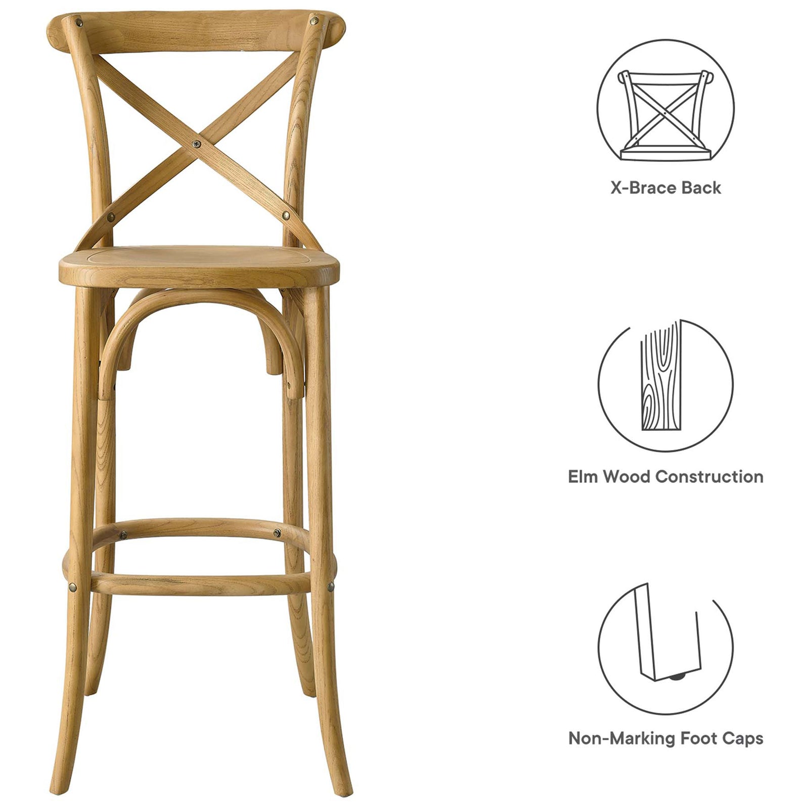 Key features: X-brace back, elm wood construction, and non-marking foot caps || EEI-5563-NAT || callout_studio