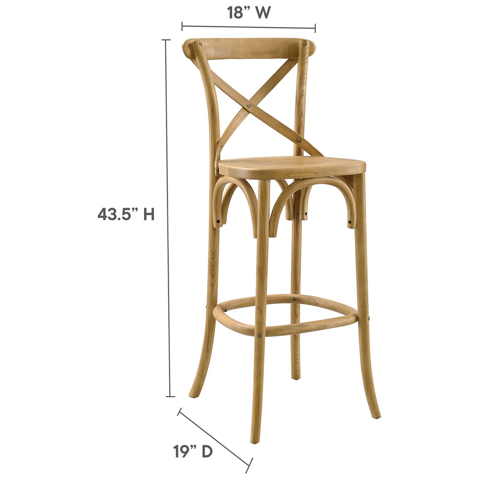 Dimensions for the bar stool with 18 in. width, 19 in. depth, and 43.5 in. height || EEI-5563-NAT || dimension_studio