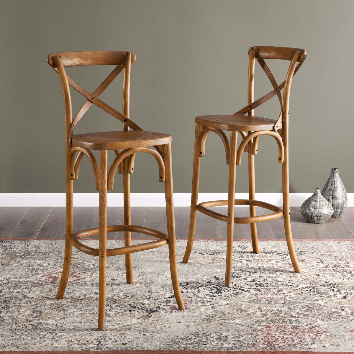 Two bar stools create a warm, cohesive look with matching X-backs and arched supports || EEI-5563-WAL || front_angle_room