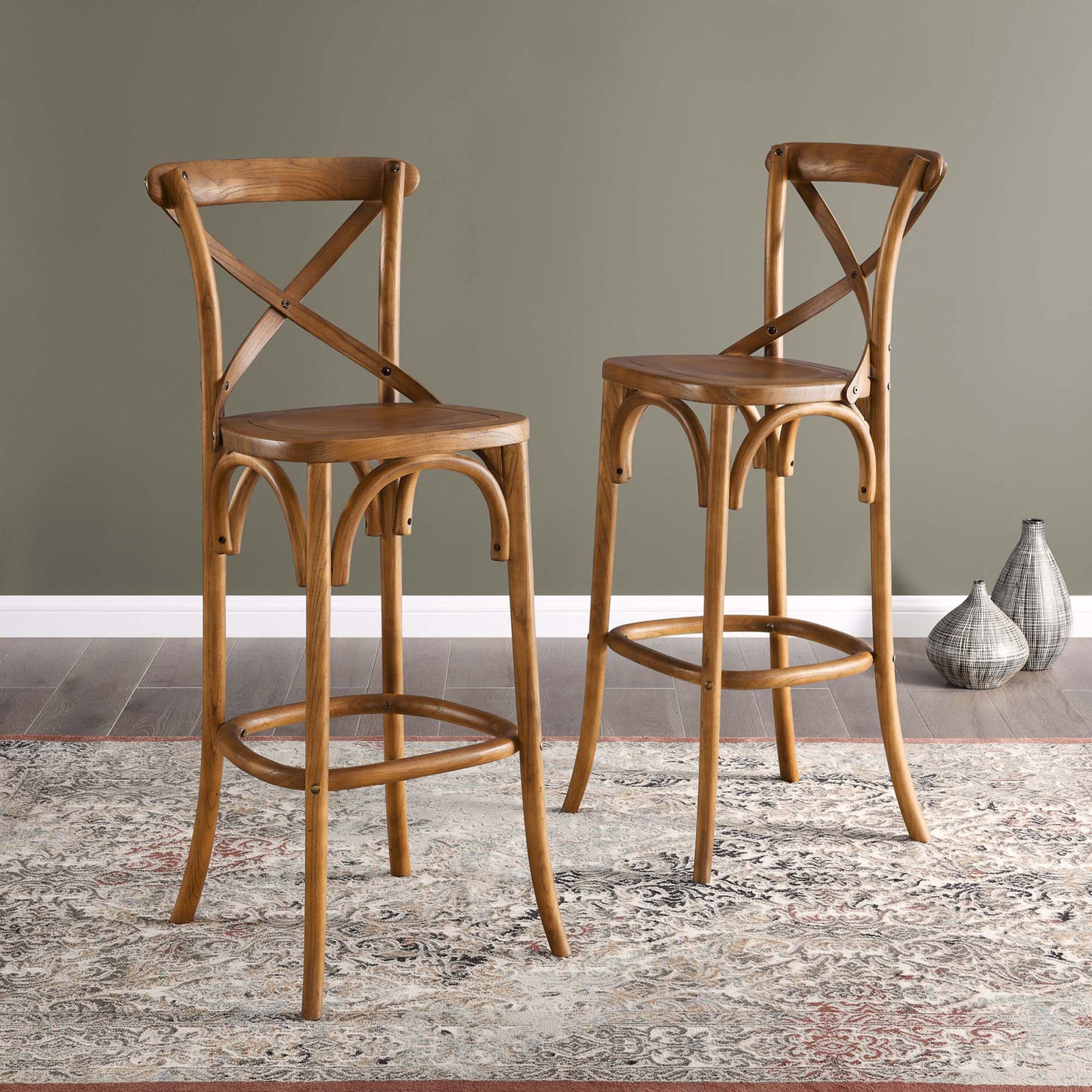 Two bar stools create a warm, cohesive look with matching X-backs and arched supports || EEI-5563-WAL || front_angle_room