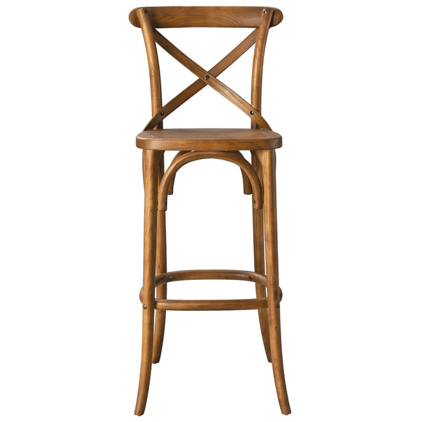 Walnut-finished elm bar stool with X-brace back and arched supports for elevated farmhouse style || EEI-5563-WAL || front_studio