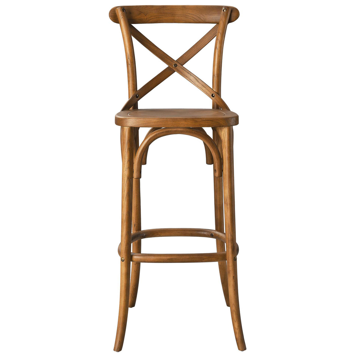Walnut-finished elm bar stool with X-brace back and arched supports for elevated farmhouse style || EEI-5563-WAL || front_studio