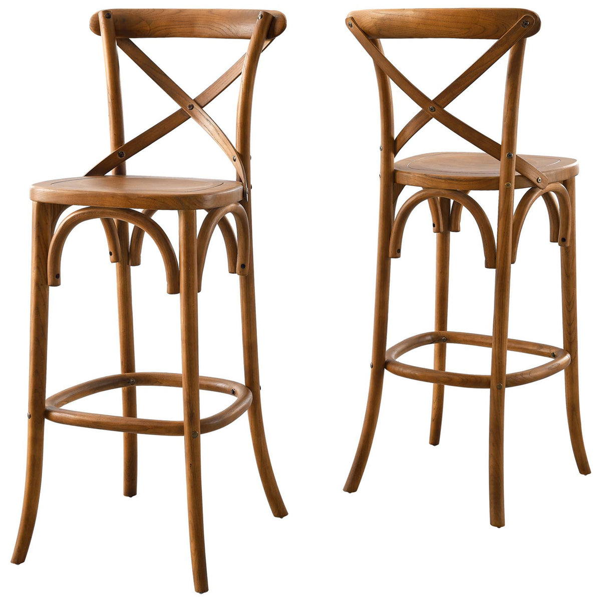 Set of bar stools mirrors the classic cross-back profile and sculpted arches in warm walnut || EEI-5563-WAL || front_angle_studio