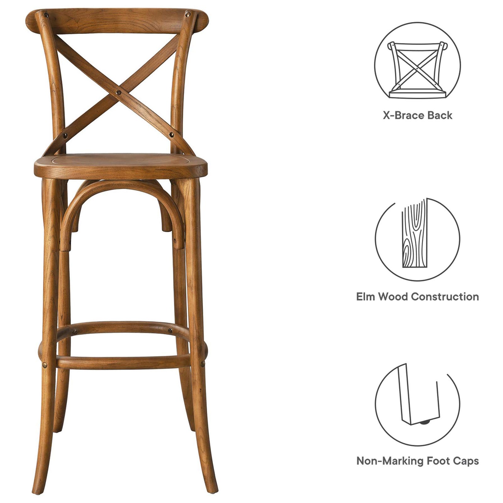 Feature highlights for the bar stool including X-brace back, elm wood build, and protective foot caps || EEI-5563-WAL || callout_studio