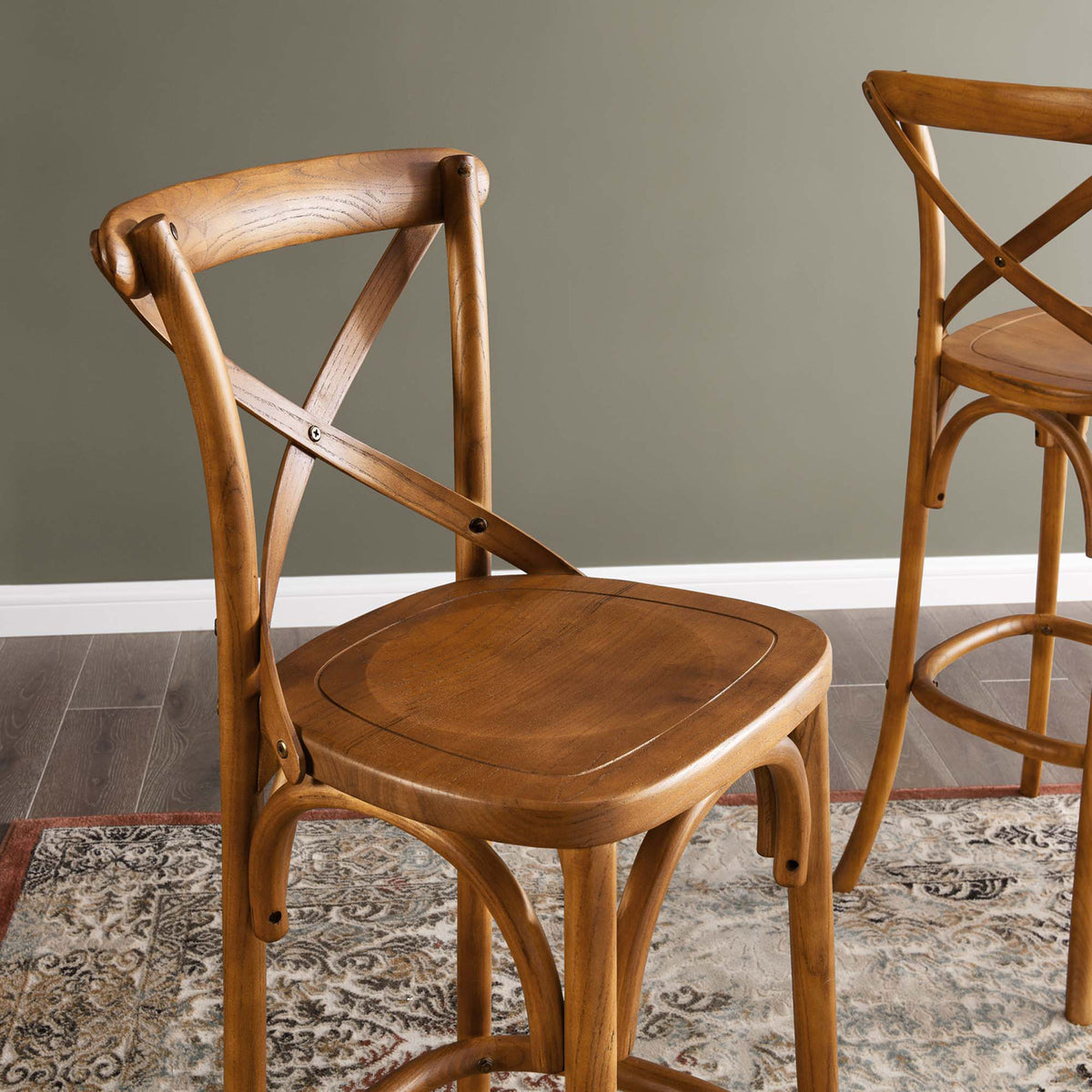Seat detail reveals smooth walnut finish and rounded edges over the arched base || EEI-5563-WAL || detail_room