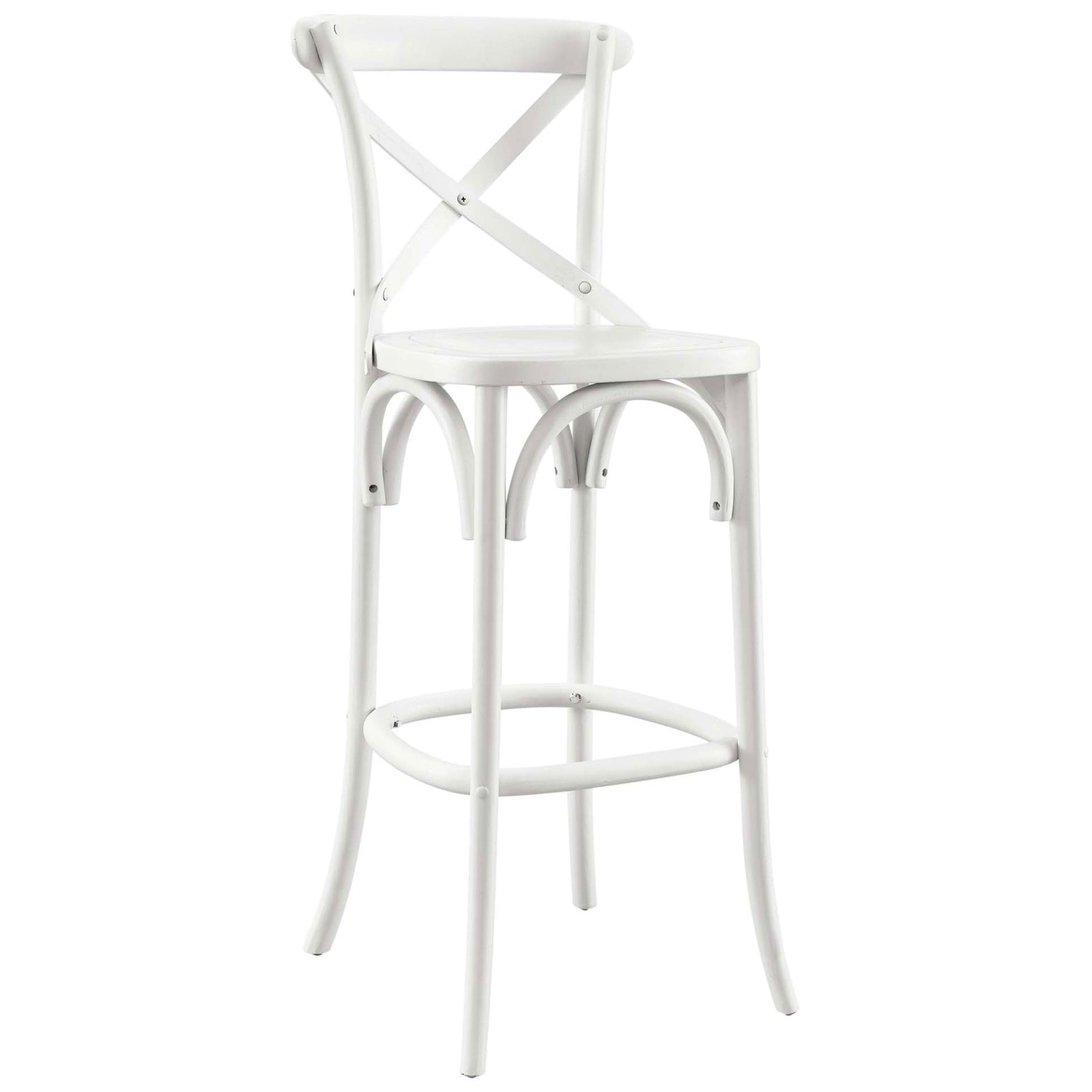 Crisp white bar stool in elm wood with cross-back detail and smooth, durable finish || EEI-5563-WHI || front_angle_studio